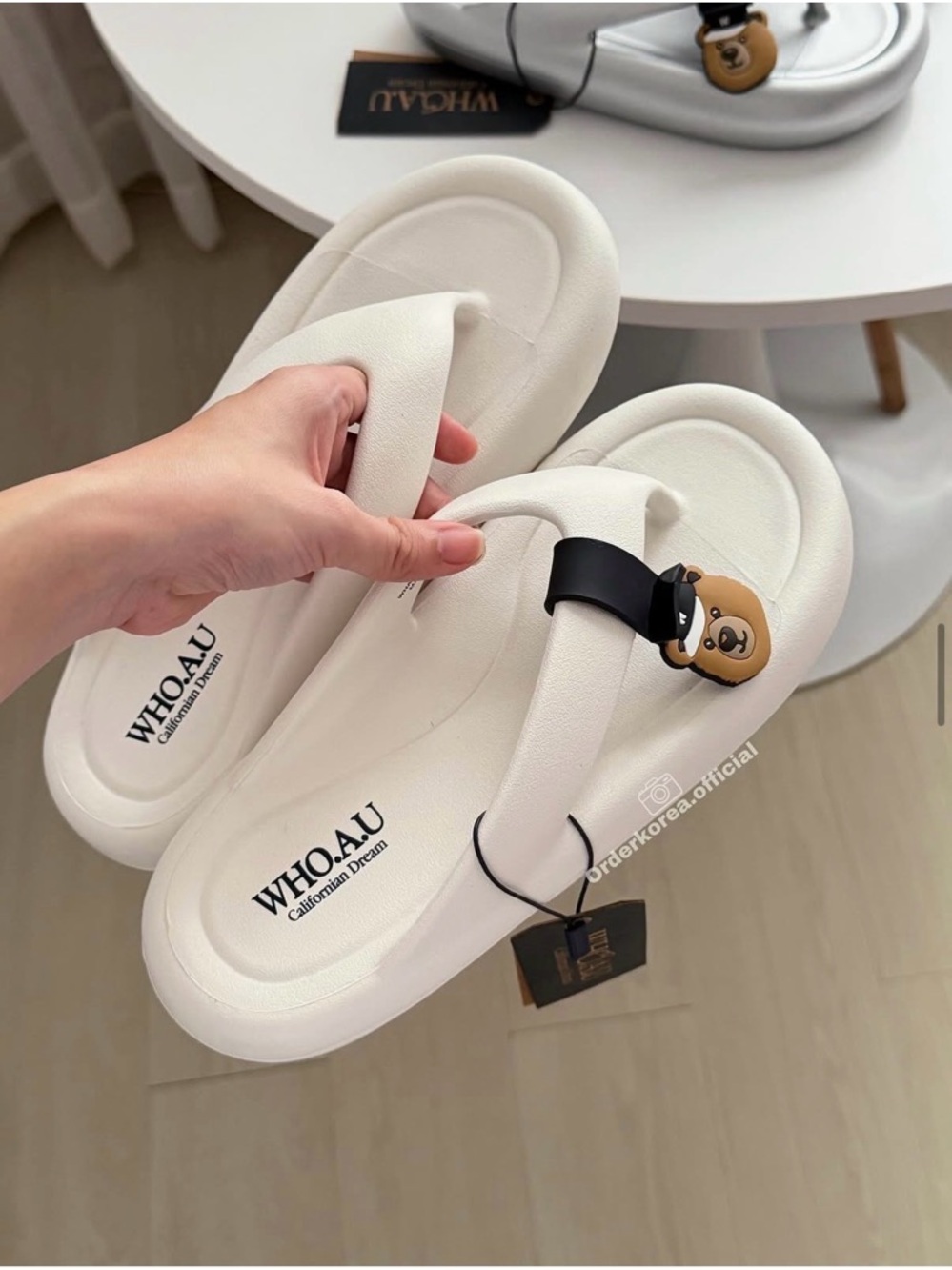 WHO.A.U White Cushioned Flip-Flop Sandals with Bear Charm